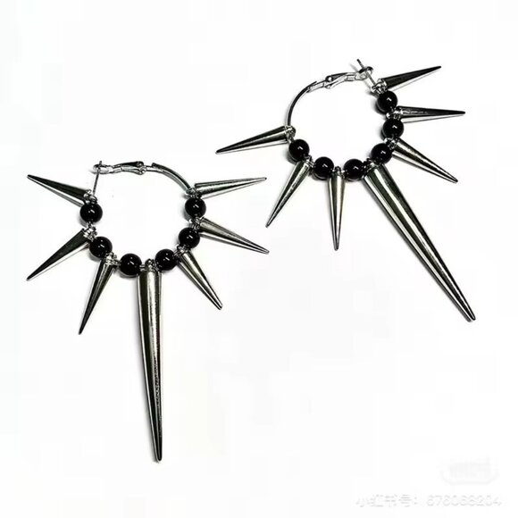 Punk Spike Hoop Earrings Stainless Steel Black Bead Goth Grunge Statement - NEW - Picture 1 of 2